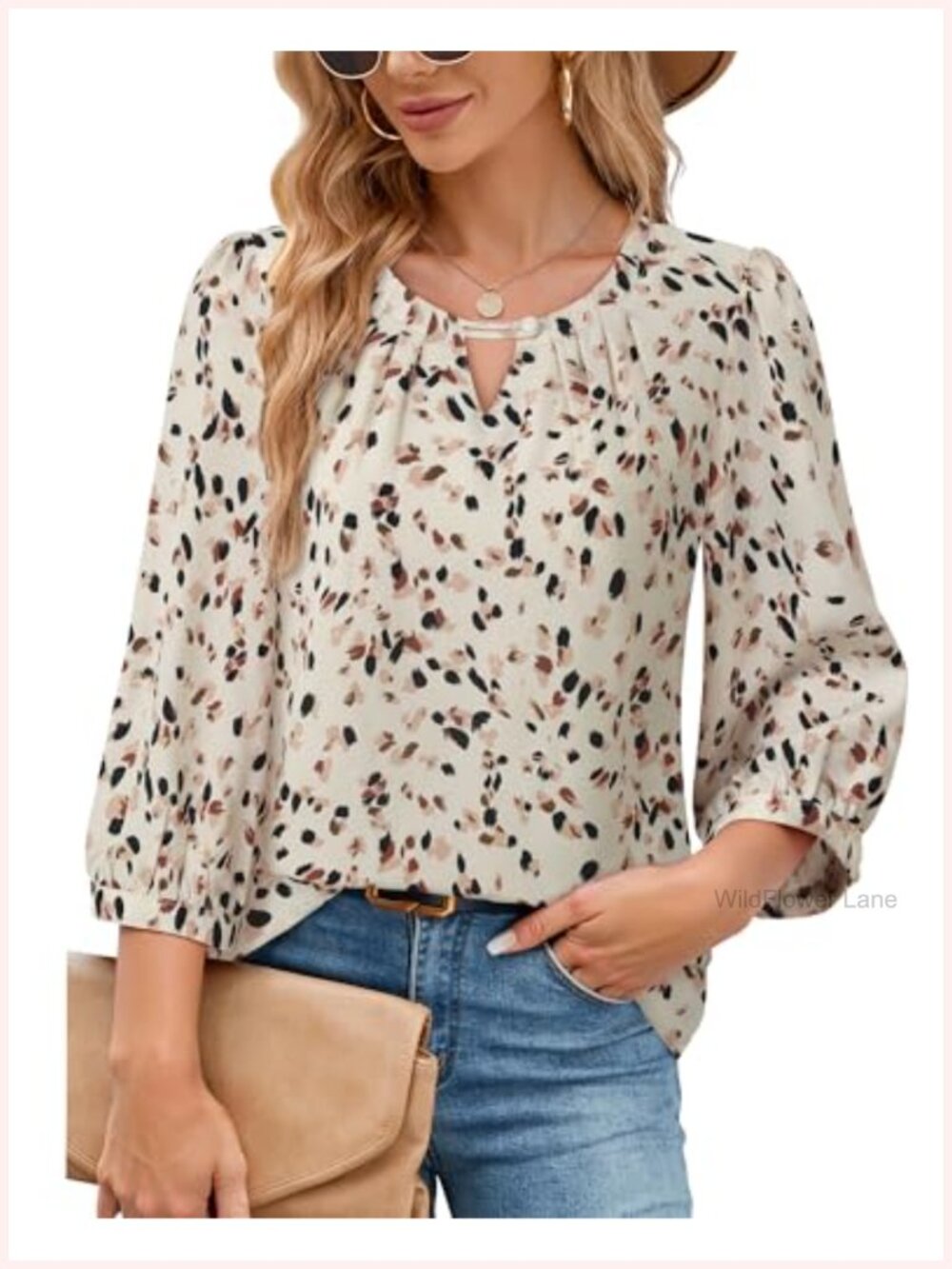Women's 3/4 Sleeve Chiffon Blouse Pleated V-Neck Keyhole Work Tunic Top